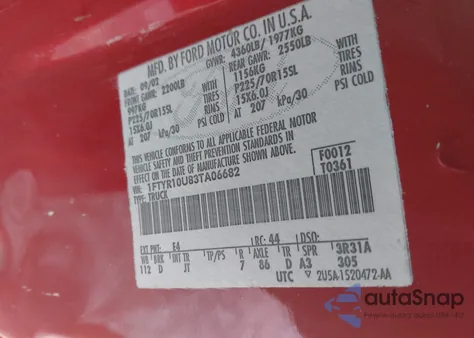 2003 Ford Ranger Edge/Xl/Xlt from USA, damaged, VIN 1FTYR10U83TA06682